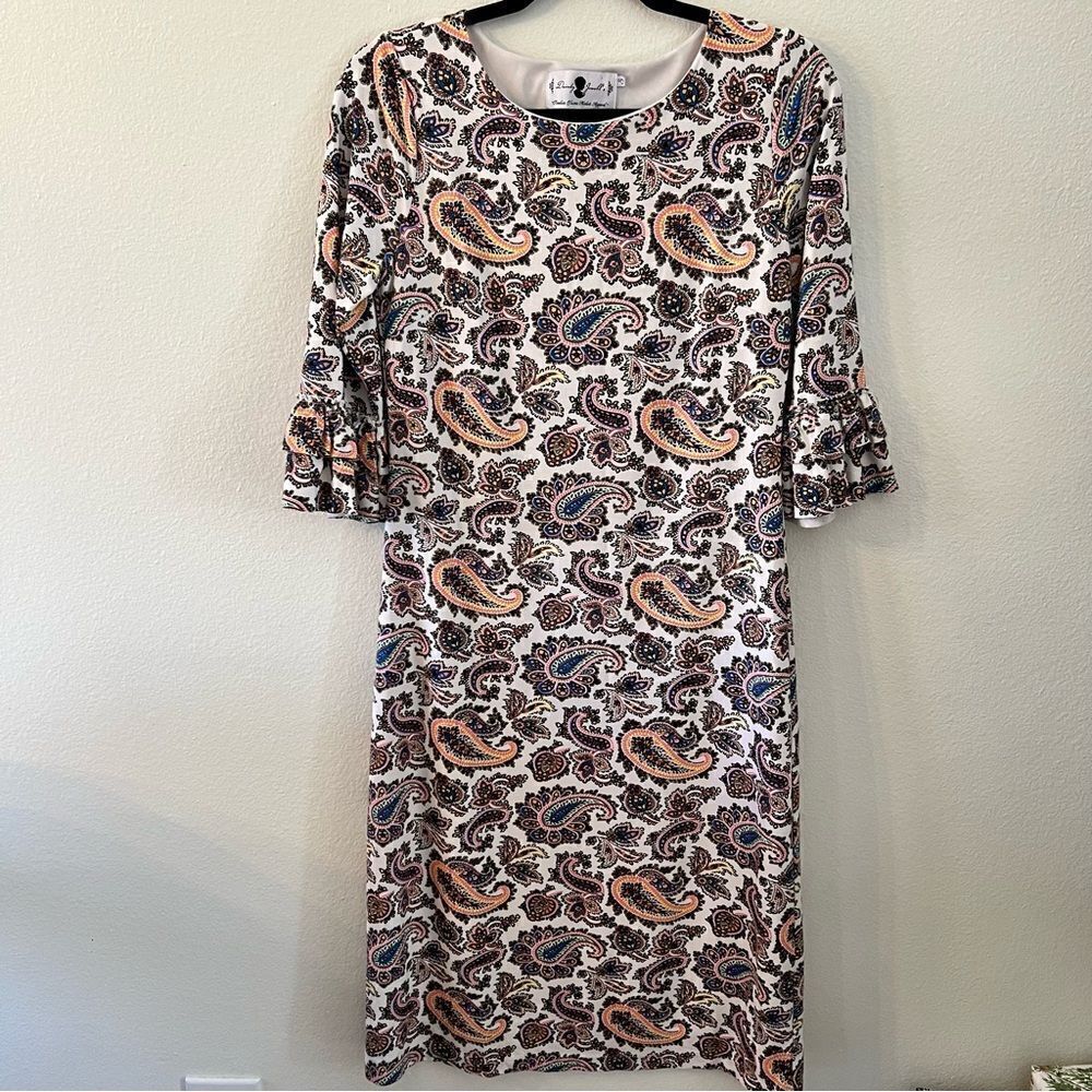 Dainty Jewells Dress Paisley White Pink Sz Small Modest 3/4 Sleeves Fully Lined